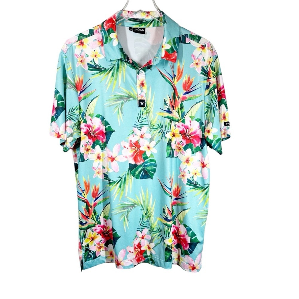 BAD BIRDIE Men's Large Teal & Pink Tropical Print Short Sleeve Golf Polo Shirt